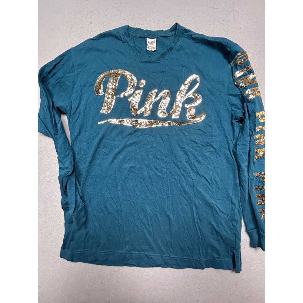 Pink Victoria's Secret Long Sleeve Tee Cotton Teal Sequin Logo Large Womens